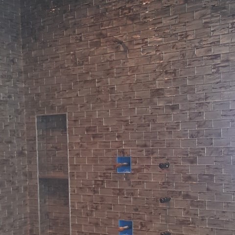 Glass Mosaic Walk-in Shower with Bench and Pocket
